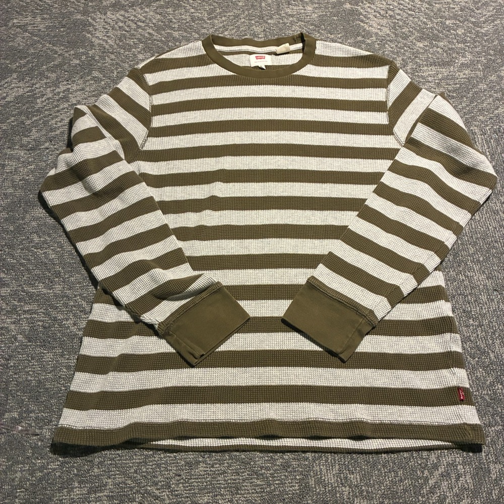 Levis Mens Striped Waffle Knit Thermal Long Sleeve L Olive Green Gray Grunge